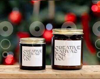 Amber Candle Mockup Duo: 4oz & 9oz, Christmas Scene (JPG)