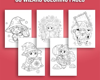 50 Chibi Wizard kleurplaten bundel, kawaii heks magische school direct downloaden, leuke fantasy spreuk activiteitenboek, afdrukbare kinderactiviteit