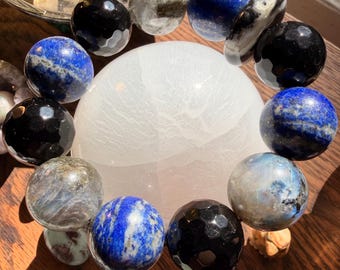 Lapis Lazuli & Labradorite Power Bracelet: Faceted Black Onyx, Sea Jasper
