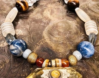 Smoky Citrine Lapis Lazuli Statement Necklace | Boho Crystal Talisman with African Trade Beads