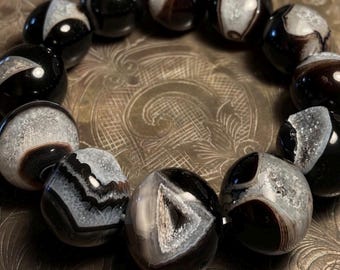 Natural AAA Black Druzy Agate  Statement Bracelet (19-20mm)