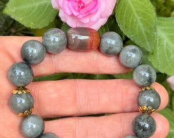 Cat's Eye Rutilated Quartz Bracelet | Deep Grey Agate Crystal Accents