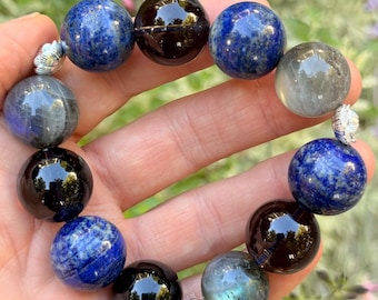 Labradorite & Lapis Lazuli Bracelet: Smoky Quartz, .999 Silver Accents