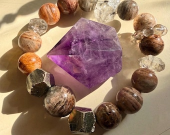 Golden Rutilated Quartz Bracelet: Herkimer Diamond, Phantom Quartz & Pyrite