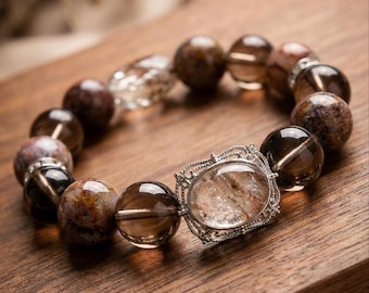 Celestial Smoke: Rare Nipomo Gemstone, Smoky Quartz, and Garden Quartz Crystal Energy Bracelet