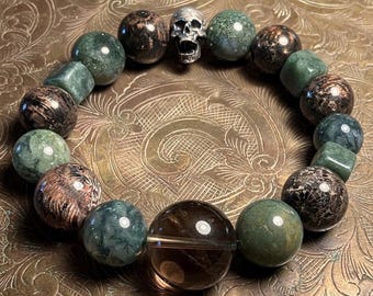 Black Coral Moss Agate Bracelet – Smoky Quartz, Nephrite and Skull Accents (15-20mm)