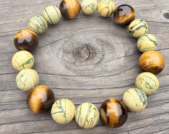 The Warrior's Insight: Courage and Truth Tiger’s Eye and Variscite in Jasper Gemstone Bracelet