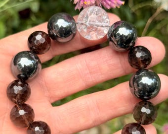 Smoky Quartz Crystal Bracelet: Herkimer Diamond & Hematite
