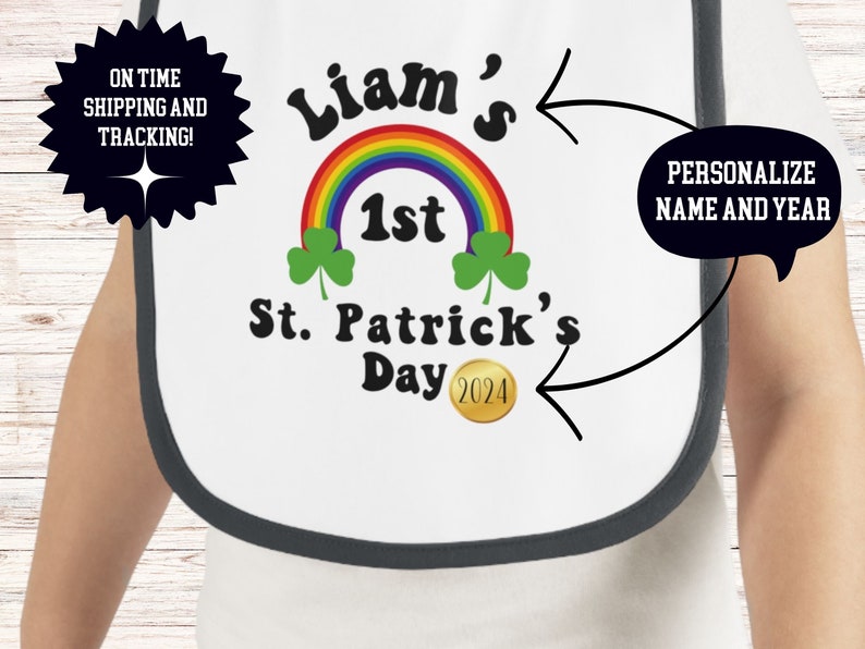 Baby's First St. Patrick's Day, Personalized Baby Bib, Customized Baby Bib, Gender Neutral Infant Gift, Lucky Charm for Little Ones image 2