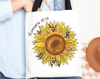 Sac fourre-tout en toile tournesol Faith Hope Love, Sacs fourre-tout chrétiens, Cadeau religieux, Cadeaux bibliques, Design rustique, Sac à provisions réutilisable