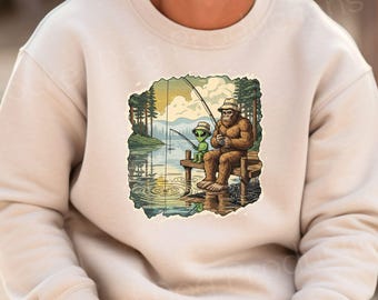 Bigfoot Fishing Crewneck Sweatshirt, Sasquatch Graphic Sweatshirts, Alien Bigfoot Shirts, Big Foot Shirt, Funny Cryptid Friends Graphic Tee