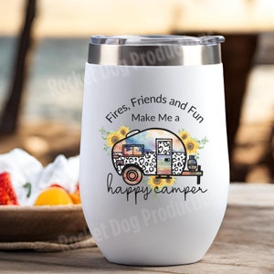 Cute Friends Fire Fun Happy Camper Insulated Wine Tumbler, Travel Mug With Lid, Retro Camping Mug, Hot Cold Beverage Tumbler, Gift For Her