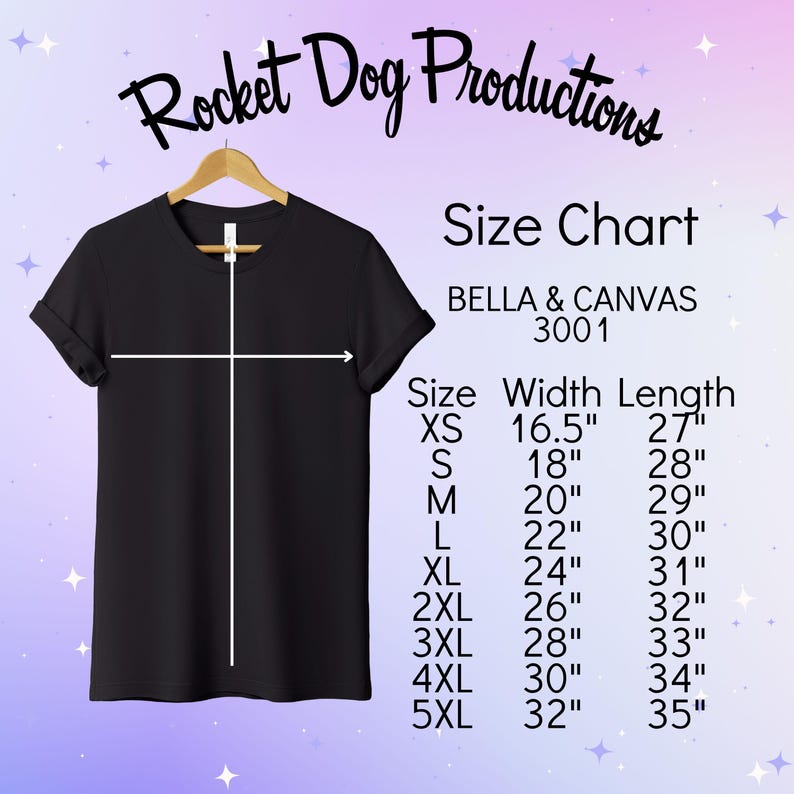 May include: Black t-shirt with size chart for Bella + Canvas 3001 t-shirts. The chart shows sizes XS to 5XL with corresponding width and length measurements in inches.