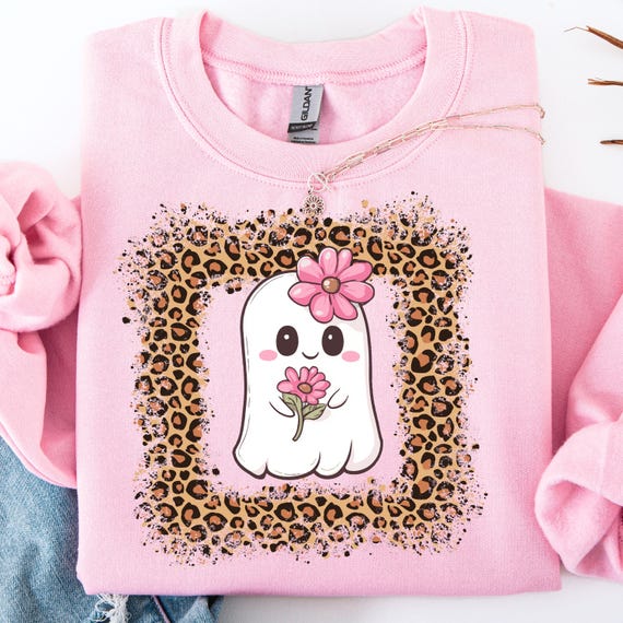 Cute Ghost Shirt, Kawaii Tee for Halloween, Floral Ghost Gift, Spooky Season Shirt, Leopard Print shirt, Ghost Lover Shirt, Shirt Gift