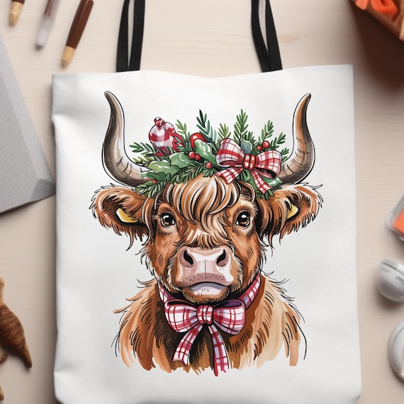 Highland Cow Christmas Tote Bag, Gift for Cow Lover, Holiday Shopping Bag,Festive Reusable Tote,Cow Print Shoulder Bag, Scottish Cattle tote