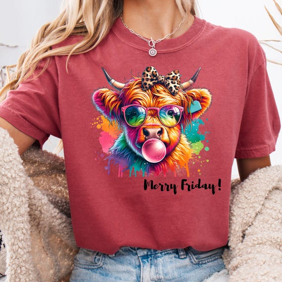 Highland Cow Leopard Bow T-Shirt, Gift for Cow Lovers Splatter Paint Tee, Cow Lover Gift Shirt for Her