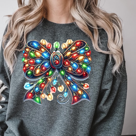 Christmas Light Bow Sweatshirt Gift, Holiday Crewneck shirt, Festive Winter Clothing, Xmas Seasonal Pullover, Cozy Present for women at Xmas