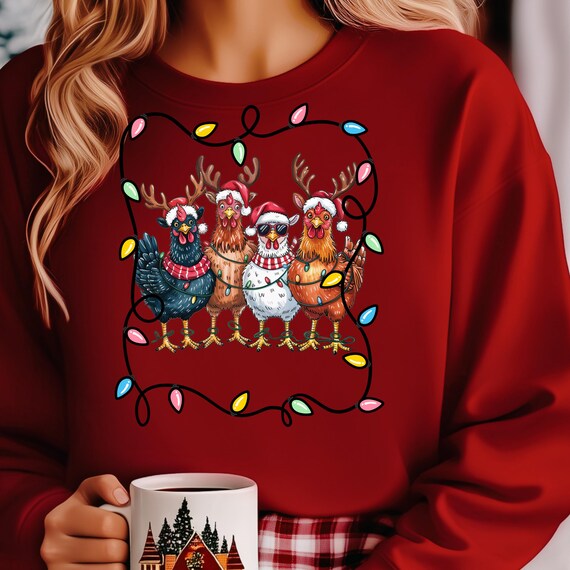 Christmas Chicken Sweatshirt, Holiday Lights, Festive Hen