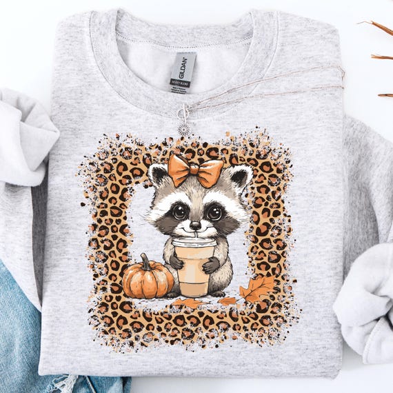 Raccoon Fall Shirt, Cute sweatshirt for Autumn Lovers,Pumpkin Spice Gift,Leopard Print Shirt, Cozy Raccoon Sweater for Fall, Sweatshirt Gift