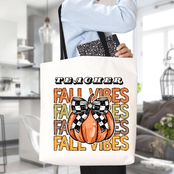 Teacher Fall vibe Pumpkin Tote Bag,Fall Teacher Tote Halloween Tote Bag,Trick Or Treat Bag Autumn Tote Bag,Gift Teacher Fall Teacher Gift