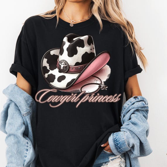 Cowgirl Princess Cow Print Hat T-Shirt, Western Cowgirl Tee, Gift for Her, Rodeo Shirt, Ranch Wear, Country Cowgirl Tee