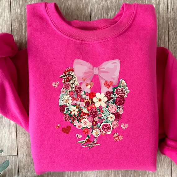 Pink Bow Chicken Sweatshirt, Chicken Lover Gift Sweatshirt, Cozy Animal Print sweater, Funny Farm Animal Apparel, Cute Chickens Crewneck
