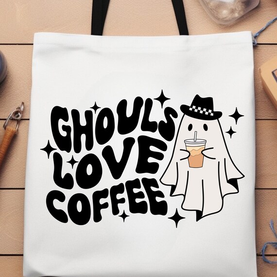 Ghouls Love Coffee Tote Bag, Halloween Coffee Lovers Gift, Canvas Shoulder Bag, Trick-or-Treat Reusable Tote, Spooky Grocery Bag