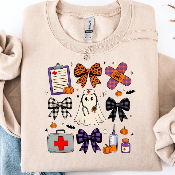 Preppy Halloween Nurse Sweatshirt, Halloween Collage Crewneck for Nurse Gifts, Halloween Costume Pullover, Cute Fall Sweatshirt