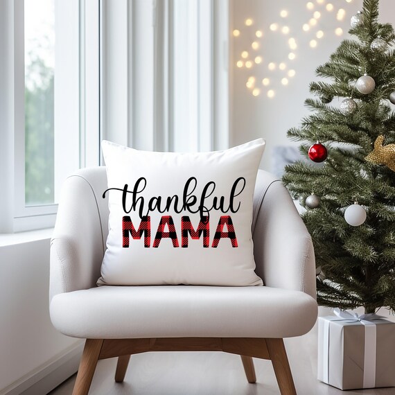 Thankful Mama Plaid Pillowcase, Home Decor, Gift for Mom, Christmas Present, Square Pillow Cover