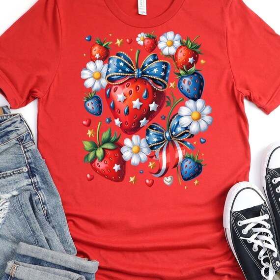 Patriotic Strawberry Tee, T-Shirt for Patriot Fruit Lover Gift Tee, America Flag Shirt July 4th Tee, Strawberry Red White Blue Shirt