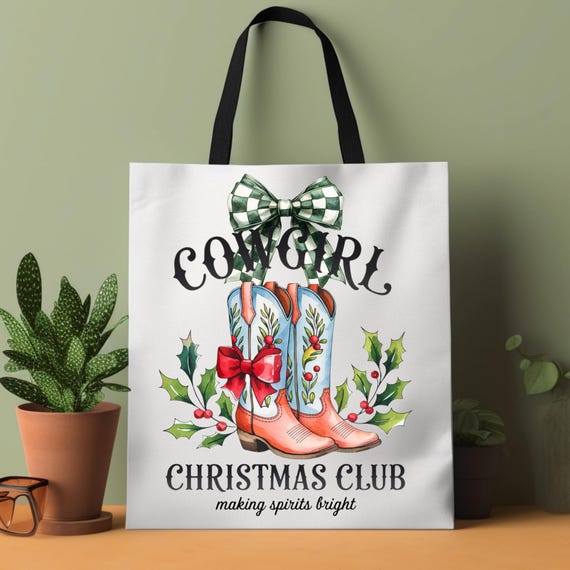 Cowgirl Christmas Club Tote Bag, Western Holiday Tote, Girly Xmas tote bag, Festive Cowgirl tote, Bows Design Cowgirl tote
