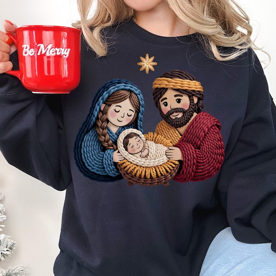 Faux Yarn Nativity Scene Shirt, Holy Family shirt for Christmas, Jesus Birth Shirt Religious Gift