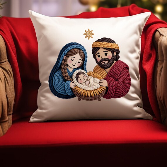 Faux Yarn Nativity Scene Pillow Cover, Christmas Home Decor