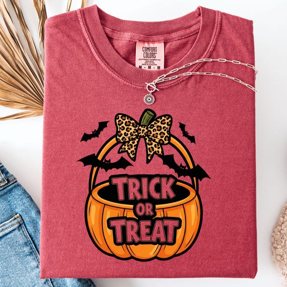 Halloween Trick or Treat Shirt for Spooky Lovers, Pumpkin Tee, Gift for Halloween Fans, Bat T-Shirt, Leopard Bow Halloween Shirt