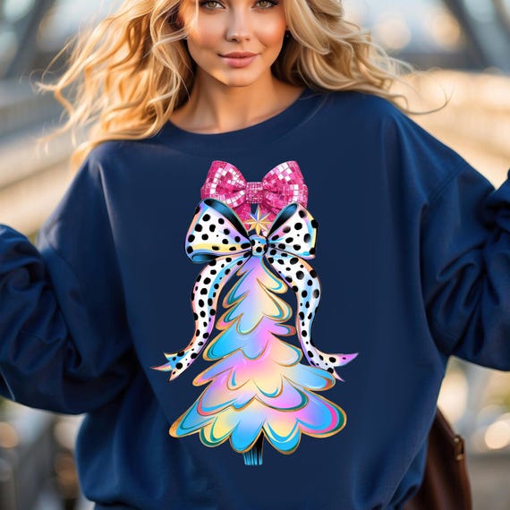 Girly Bow Xmas Sweatshirt, Christmas Gift for Her, Holiday Winter Sweater, Xmas Present for Girls, Pink Bow Tree Sweatshirt