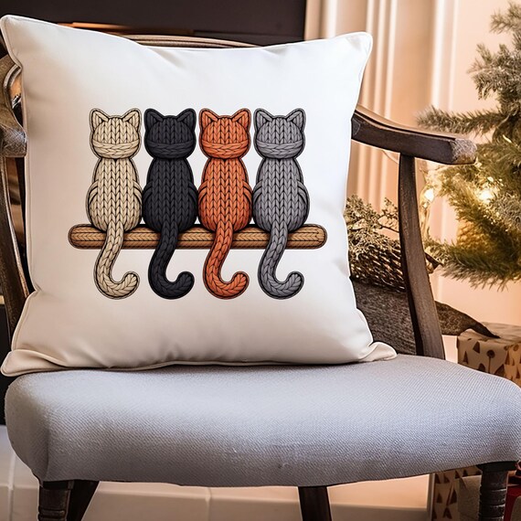 Cat Lover Pillow Cover, Faux Yarn Print, Whimsical Home Decor