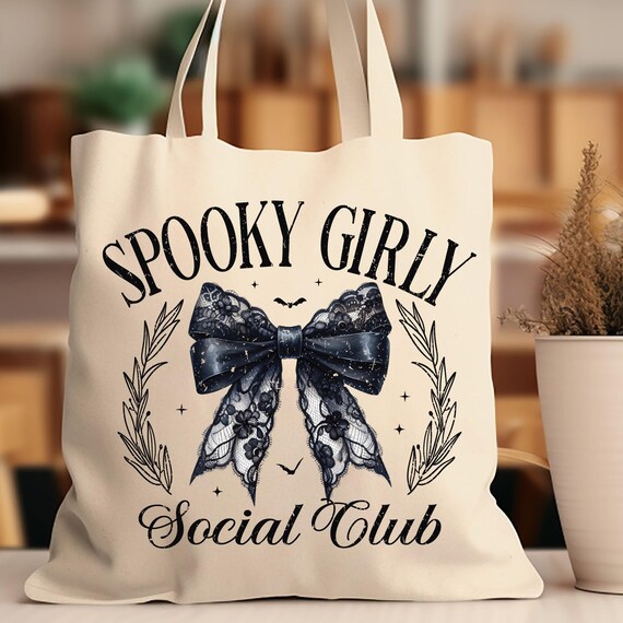 Spooky Girly Social Club Tote Bag, Coquette Lover Halloween Style Tote Bag for Halloween Gift, Cotton Canvas Tote Bag, Gothic Witch Occult