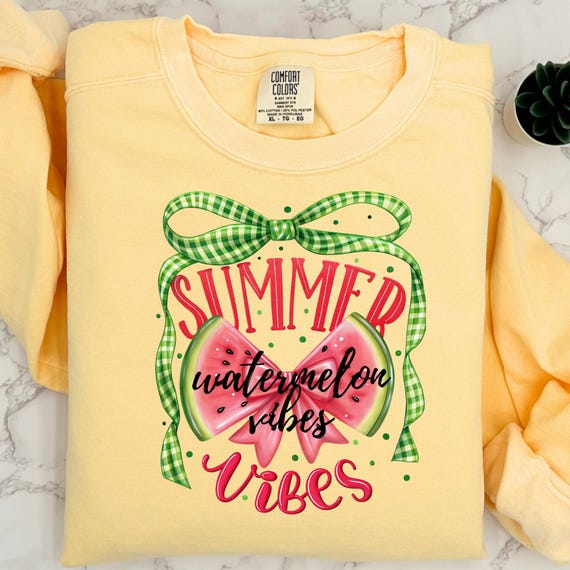 Watermelon Lover Garment-Dyed Sweatshirt, Summer Vibe Coquette Gingham Bow Gift for Mom, Comfort Color
