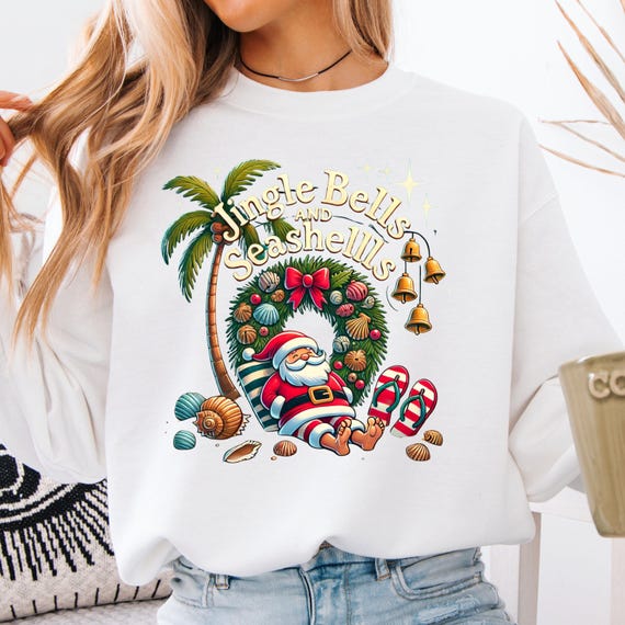 Christmas in July Sweatshirt  Funny Holiday Beach Vibes with Santa,Sun,and Summer Cheer,gift sweatshirt for Mom that loves Christmas in July