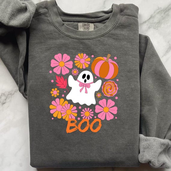 Kawaii Ghost Halloween Sweatshirt | Girly "Boo" Ghost Design | Comfort Colors Gift for Coquette & Pink Flower Lovers