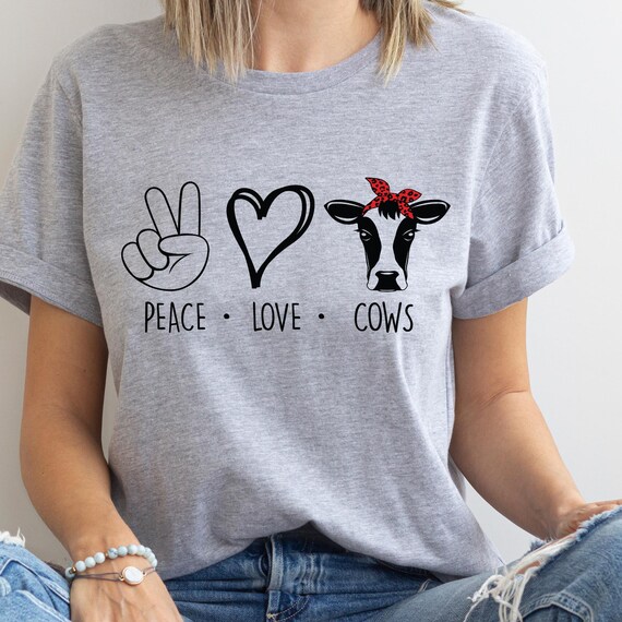 Fun Cow Shirt, Barnyard Tee, Gift For Her, Peace & Love, Funny Highland Cow Top, Farm Girl Apparel, Unique Cow Graphic Tee