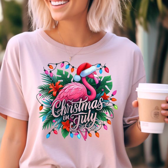 Xmas In July Shirt Flamingo July Gift,Tropical Christmas Beach Christmas Tees, Santa Beach Shirt Funny Christmas Tee, Summer Christmas Tee