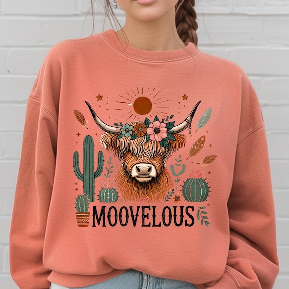 Funny Highland Cow Sweatshirt, Gift for Cow Lover Desert Cactus Shirt, Country Pullover Western Cow Top