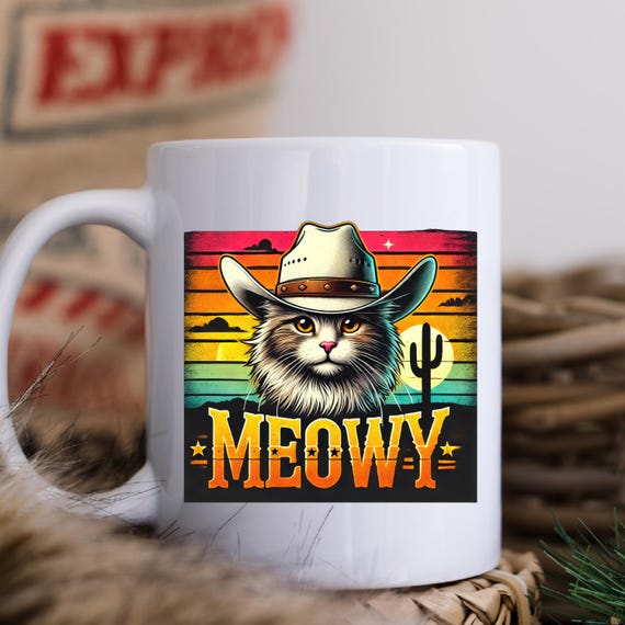 Western Cat Ceramic Mug: Meowy Cowboy Coffee Cup
