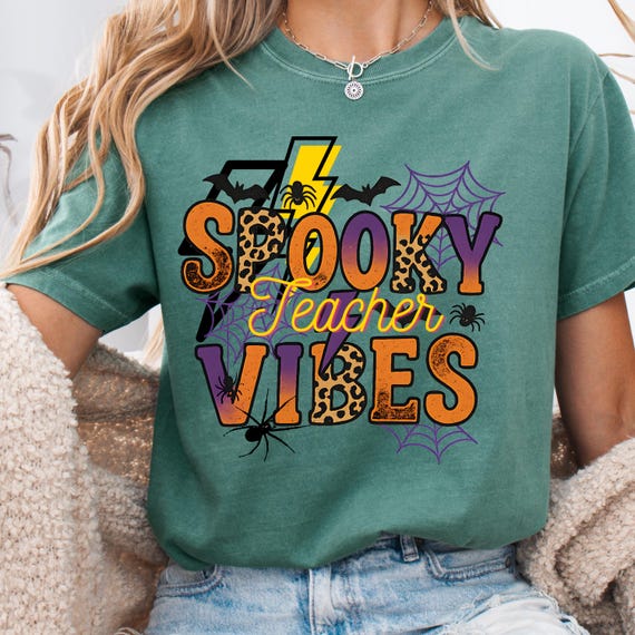 Teacher Spooky Vibes Leopard Garment-Dyed T-shirt, Teacher Halloween Gift Comfort Color Tee, Group Teacher Halloween t shirt