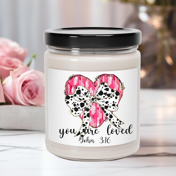Religious Cow Print Bow Candle Gift for Her Valentine, Religious Cow Candle Cow Print Candle, Cow Bow Candle Brushstroke heart Soy Candle