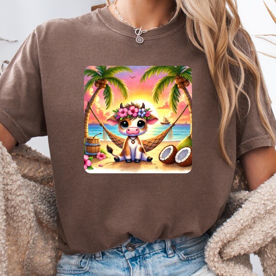 Floral Beachy Cow Lover Comfort Color T-Shirt ,Gift for Cow Lover Beach t shirt,Coastal Vibes with a Country Twist