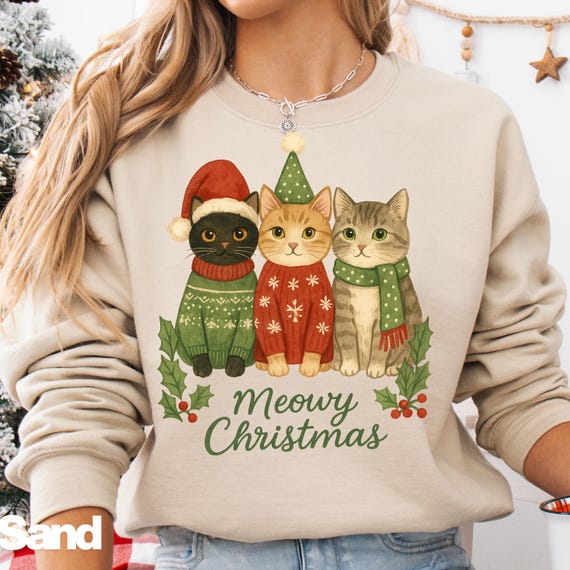 Cat Christmas sweatshirt, Meowy Christmas gift for cat lovers