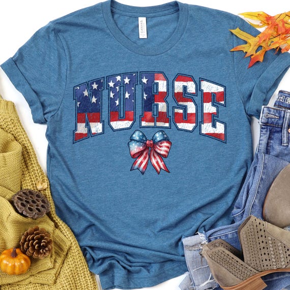Patriotic Nurse Tee, Coquette Nurse Flag Shirt, Flag Lover Nurse Gift, RN Patriotic T-Shirt, Nurse Group Shirt