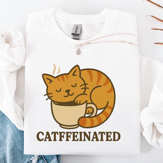 Catffeinated T-Shirt: Cat Lover Coffee Design, Cotton-Poly Blend